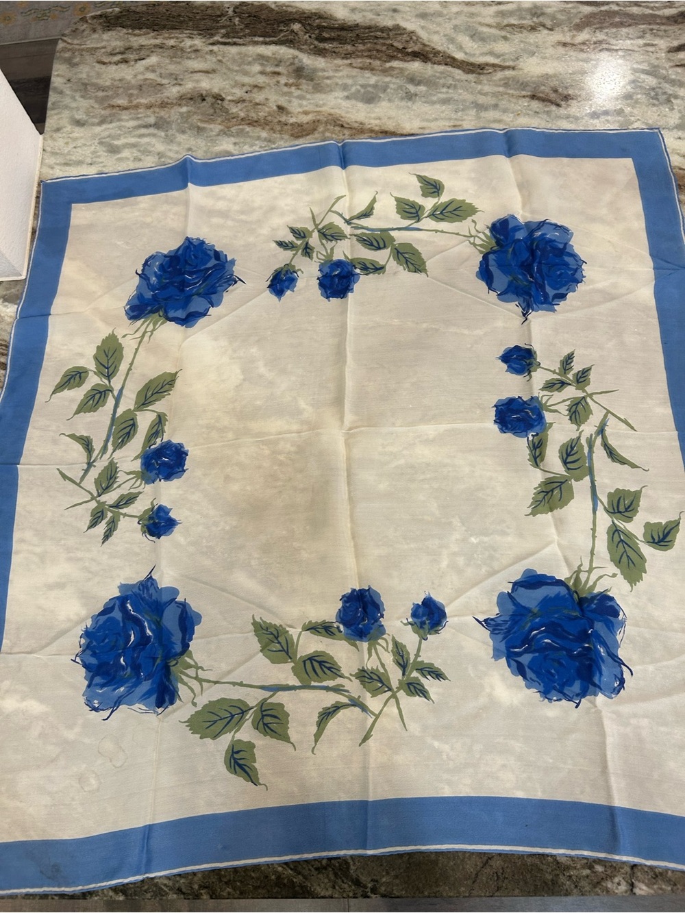 Vintage Vera Neumann Blue Rose Floral silk  Scarf made in Japan a few stains GUC